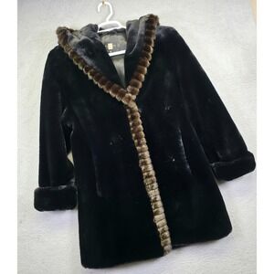 Gallery Faux Fur Coat Womens M Petite Black Hooded Glam Statement Penny Lane Fur